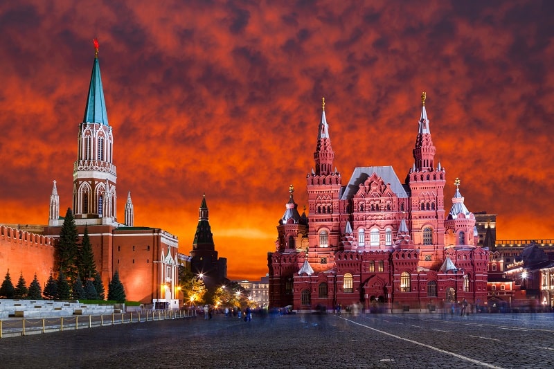 Red Square, Moscow Kremlin at sunset. Moscow, Russia