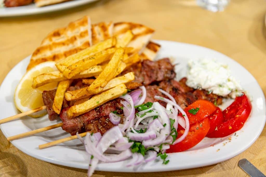 Fried meat souvlaki